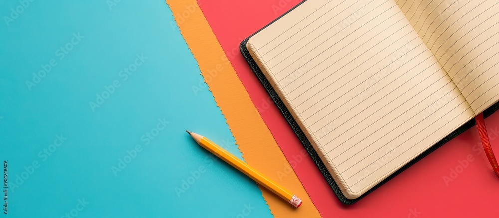 Poster top view of a notebook and pencil on a colorful background in a flat lay composition with copy space