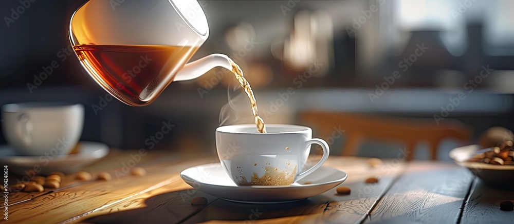 Canvas Prints In a studio setting someone is pouring milk into freshly brewed coffee leaving room for a copy space image