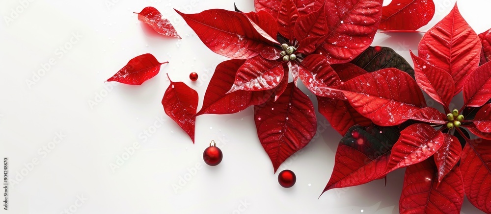 Poster create a christmas card layout featuring a red poinsettia on a white background with copy space imag