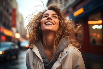 Happy smiling woman with raised head on city street