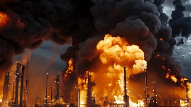 Massive explosion with fiery blasts and thick smoke engulfing an industrial area at night