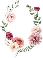 Watercolor Wreath with Roses, Dahlia and Leaves
