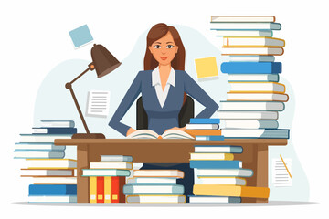 The Bookworm's Haven: A woman sits at a desk surrounded by stacks of books, highlighting the importance of knowledge and education in a playful, cartoon-like illustration. 