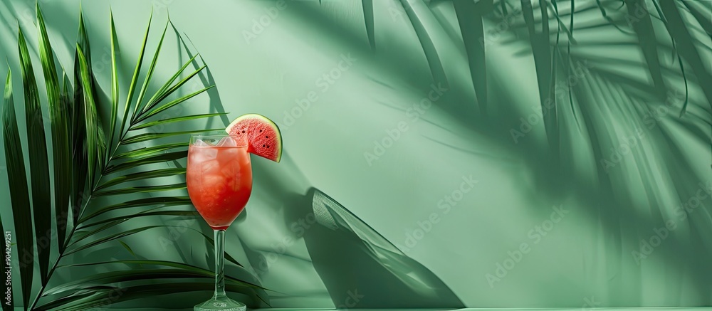 Sticker Cool watermelon cocktail on a stylish Savannah green backdrop with palm leaves ideal for a trendy summer beverage perfect for any copy space image