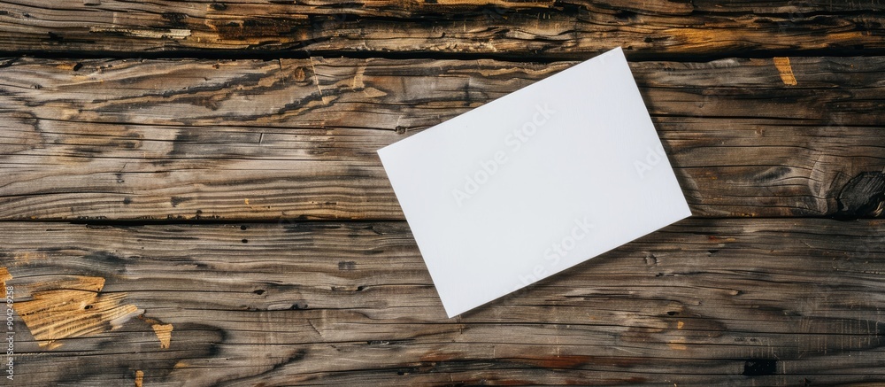 Poster aerial perspective of a blank card layout placed on a wooden backdrop showcasing the copy space imag