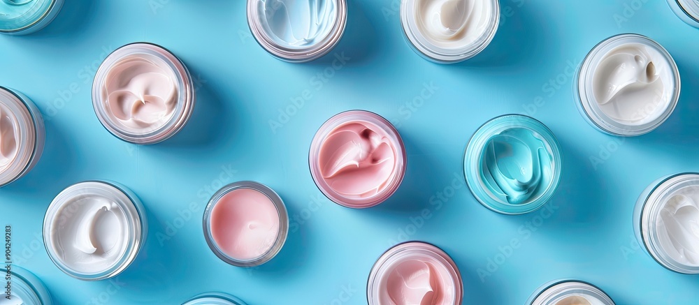 Poster cosmetic cream samples displayed on a blue backdrop creating a visually appealing copy space image