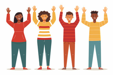 Fototapeta premium Unity in Diversity: A vibrant illustration of four individuals from diverse backgrounds raise their hands in unison, symbolizing inclusivity, solidarity, and the power of coming together. 