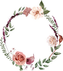 Watercolor Wreath with Roses, Calla Lilies and Leaves