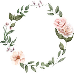 Watercolor Wreath with Roses, and Leaves