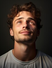 Fototapeta premium Portrait of a man with his head raised up in a state of euphoria and joy
