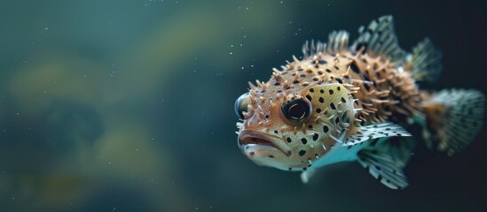 Fototapeta premium A black blotched porcupinefish swimming freely in the tank creating a vibrant copy space image