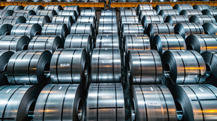 Rows of large metal coils, presumably steel, are neatly arranged in a warehouse, showcasing industrial materials ready for shipment or manufacturing use.