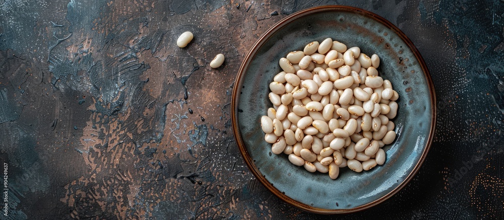 Poster top view of a plate with raw white beans on a table with a copy space image