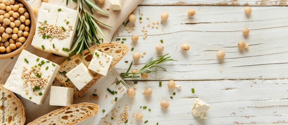 Poster Flat lay composition featuring tasty tofu soybeans bread and rosemary on a white wooden tabletop ideal for a banner with copy space image