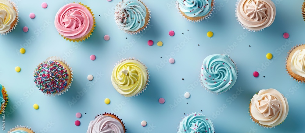 Poster birthday party with delicious cupcakes arranged in a flat lay composition on a light blue background