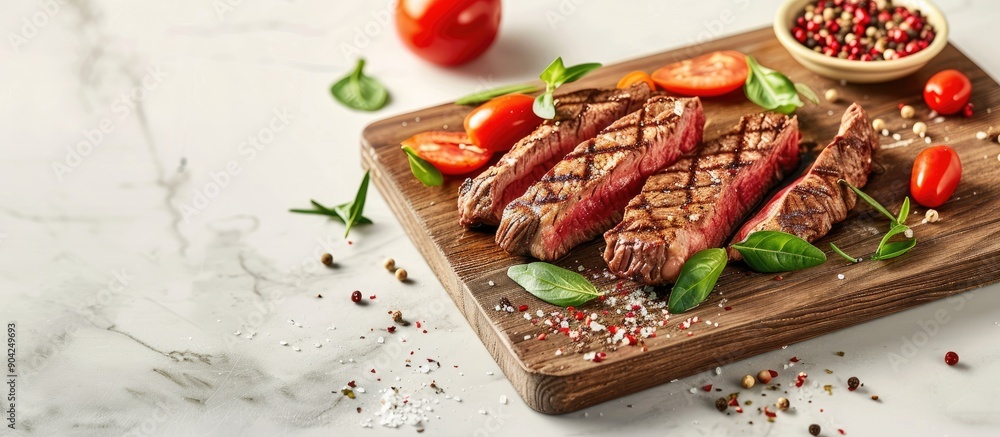 Poster grilled steak slices with vegetables and spices displayed on a wooden board against a light backgrou