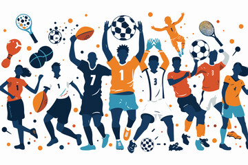 The Thrill of Victory: A vibrant illustration of diverse athletes celebrating with various sports equipment, capturing the energy and excitement of athletic competition. 