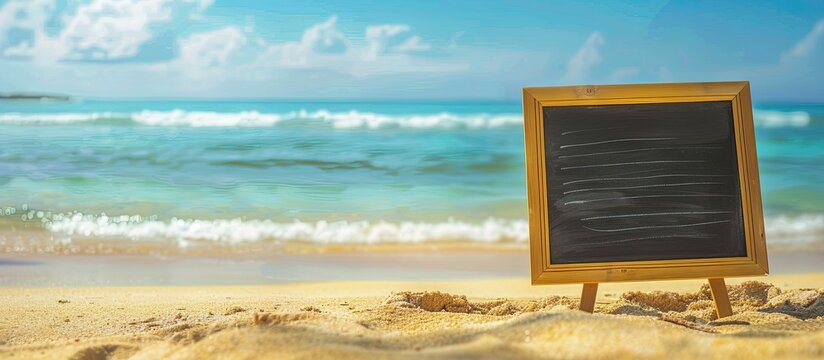 Copy space image featuring a symbolic representation of flexible work on a lovely yellow blackboard set against a serene sandy beach background embodying the business concept of flexibility
