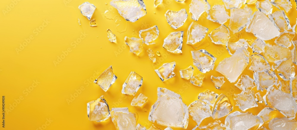 Canvas Prints Flat lay composition with a frame of crushed ice on a yellow background providing copy space image