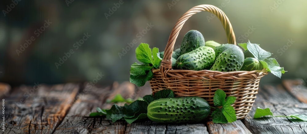 Poster wicker basket filled with cucumbers on a wooden backdrop with copy space image