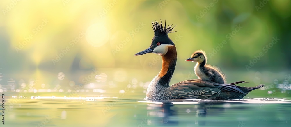 Poster the podiceps cristatus a great crested grebe with its chick is seen gliding across the lake creating