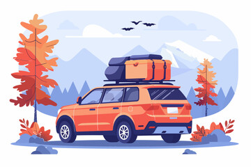 Autumn Road Trip Adventure: An orange SUV, packed for adventure, journeys through a vibrant autumnal landscape, with snow-capped mountains beckoning in the distance. 