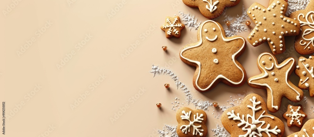 Poster gingerbread cookies on a beige backdrop with copy space image