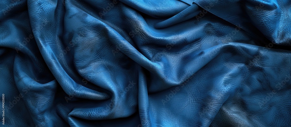 Poster close up image focusing on a macro shot of a blue suede leather texture with an embossed pattern sui