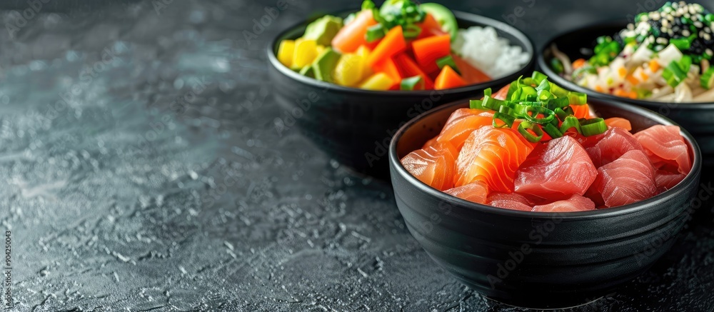 Aufkleber poke bowls displayed on a textured gray background with copy space image