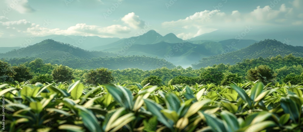 Poster a scenic view showing a cassava plantation with rubber trees against a backdrop of mountains and sky