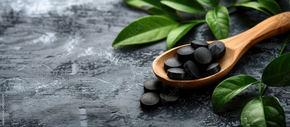 Aufkleber wooden spoon with activated charcoal tablets and leaves placed on a surface for display with copy sp