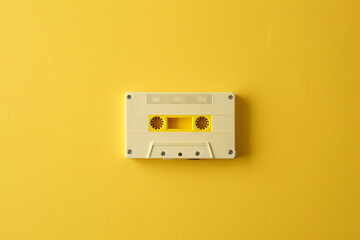 Fototapeta premium Overhead view of a classic tape cassette on a pastel yellow surface. The cassette's features, including the magnetic tape and screws, are captured with high clarity. The pastel hue provides a gentle