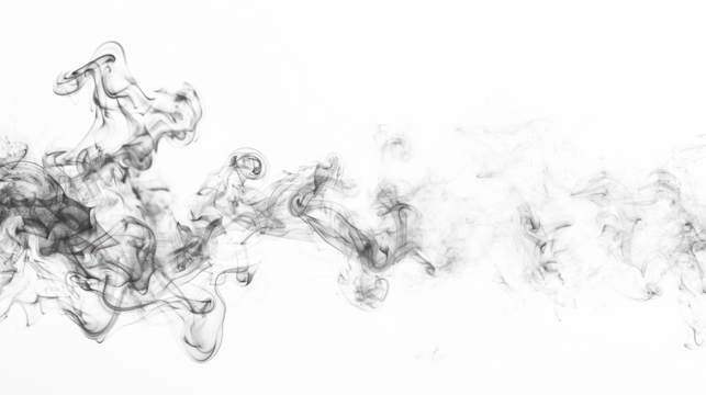 Abstract black smoke swirls and twists gracefully against a simple white background, creating intricate and delicate patterns in a fluid, mesmerizing motion.