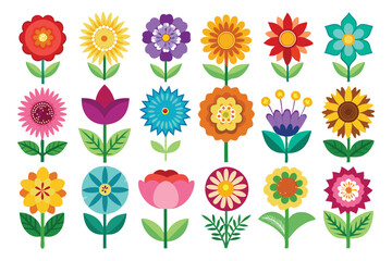 Obraz premium Collection of Colorful Flat Cartoon Flowers with Green Leaves and Stems