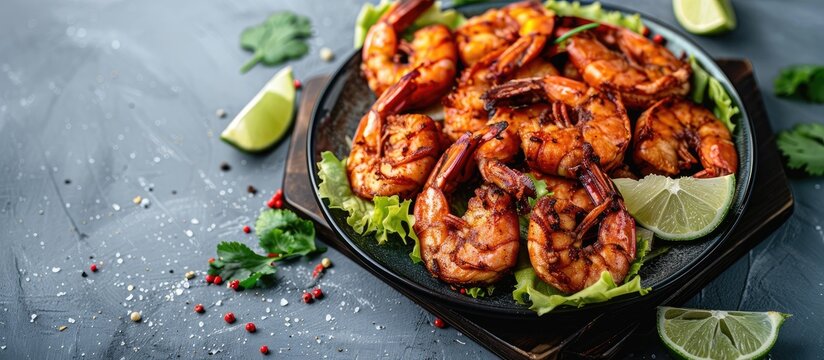 A mouthwatering dish of crispy fried shrimp garnished with lime and lettuce on a neutral grey surface featuring room for adding text in the image. Copy space image. Place for adding text and design