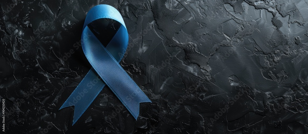Poster top view of a blue awareness ribbon on a black background with space for text in the image. copy spa