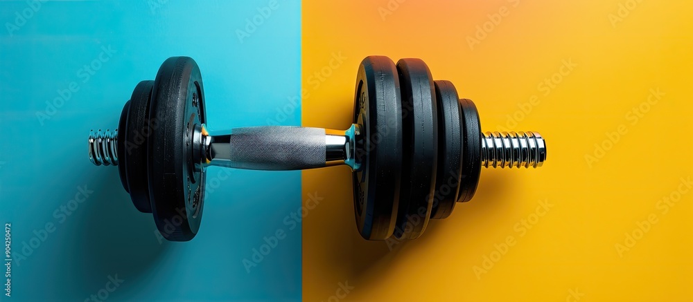 Poster top view of a dumbbell for training set on a colorful background with copy space image