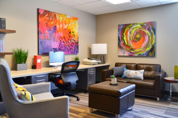 Contemporary office space with medium-density color splashes incorporated into wall art and decor.