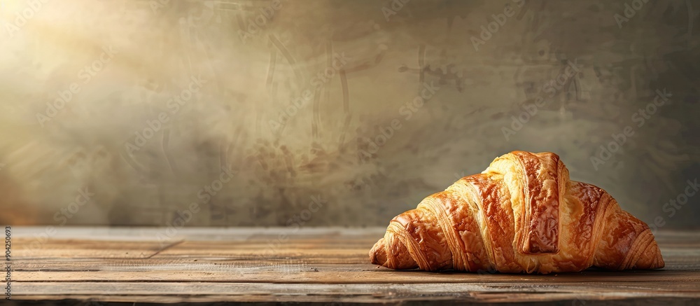 Poster freshly baked delicious croissant on a rustic table with a copy space image of food in the backgroun