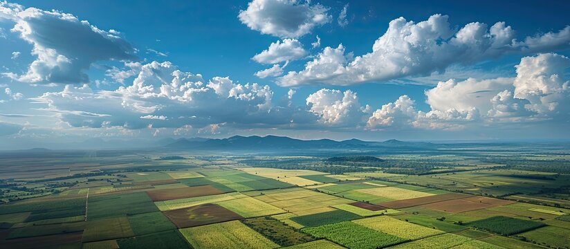 Aerial view capturing the expansive farmland under a sky dotted with fluffy white clouds providing copy space image