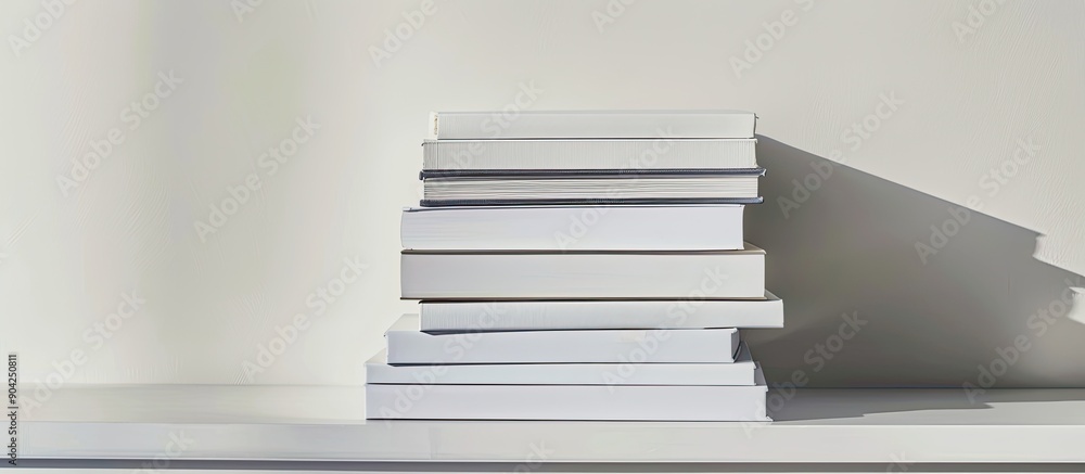 Poster a stack of books in a close up view on a white table providing space for additional images