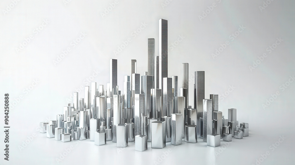 Poster a modern abstract cityscape sculpture composed of various sizes of reflective metallic rectangular b