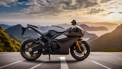 Fototapeta premium Superbike isolated on road with mountain in the background