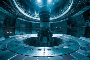 An advanced fusion reactor machine setup in a sleek, futuristic room with blue illumination, futuristic engineering marvel.