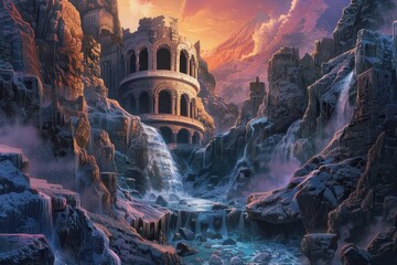 Ancient ruins of a forgotten city nestled in a frozen mountain valley