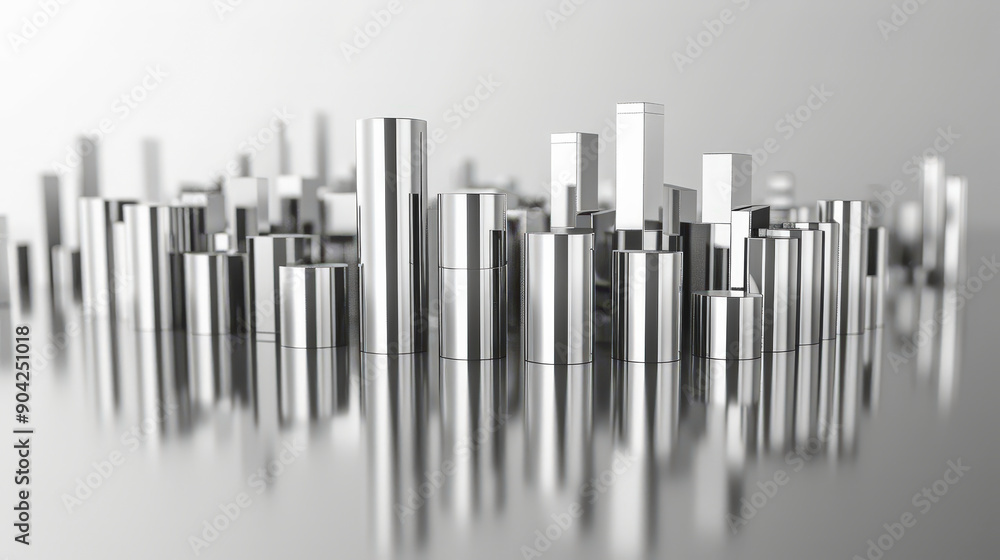 Poster a reflective, abstract urban skyline composed of metallic cylindrical and rectangular shapes, creati