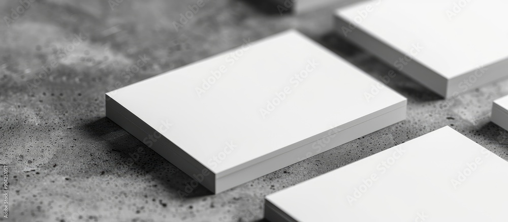 Aufkleber close up image of blank business cards on a textured grey table perfect for design mockup with copy 