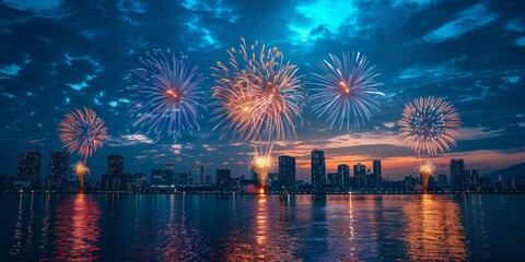 Obraz premium Cityscape Fireworks Display Over Water