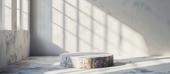 An empty room featuring a stone podium and window shadow perfect for showcasing beauty products in an elegant product mockup with a copy space image