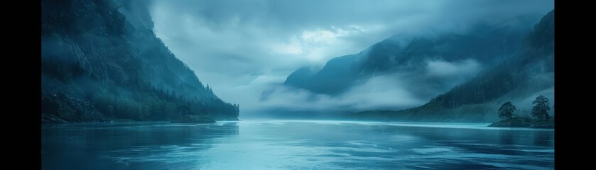 Fototapeta premium A beautiful mountain range with a river running through it. The sky is cloudy and the water is calm